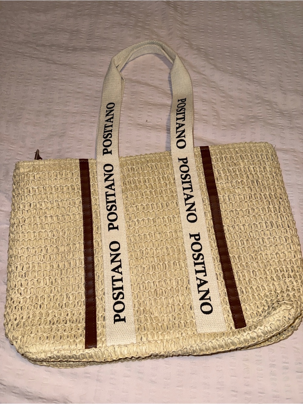 Divina Costiera Positano Straw Tote Bag with Brown Trim - Picture 4 of 9